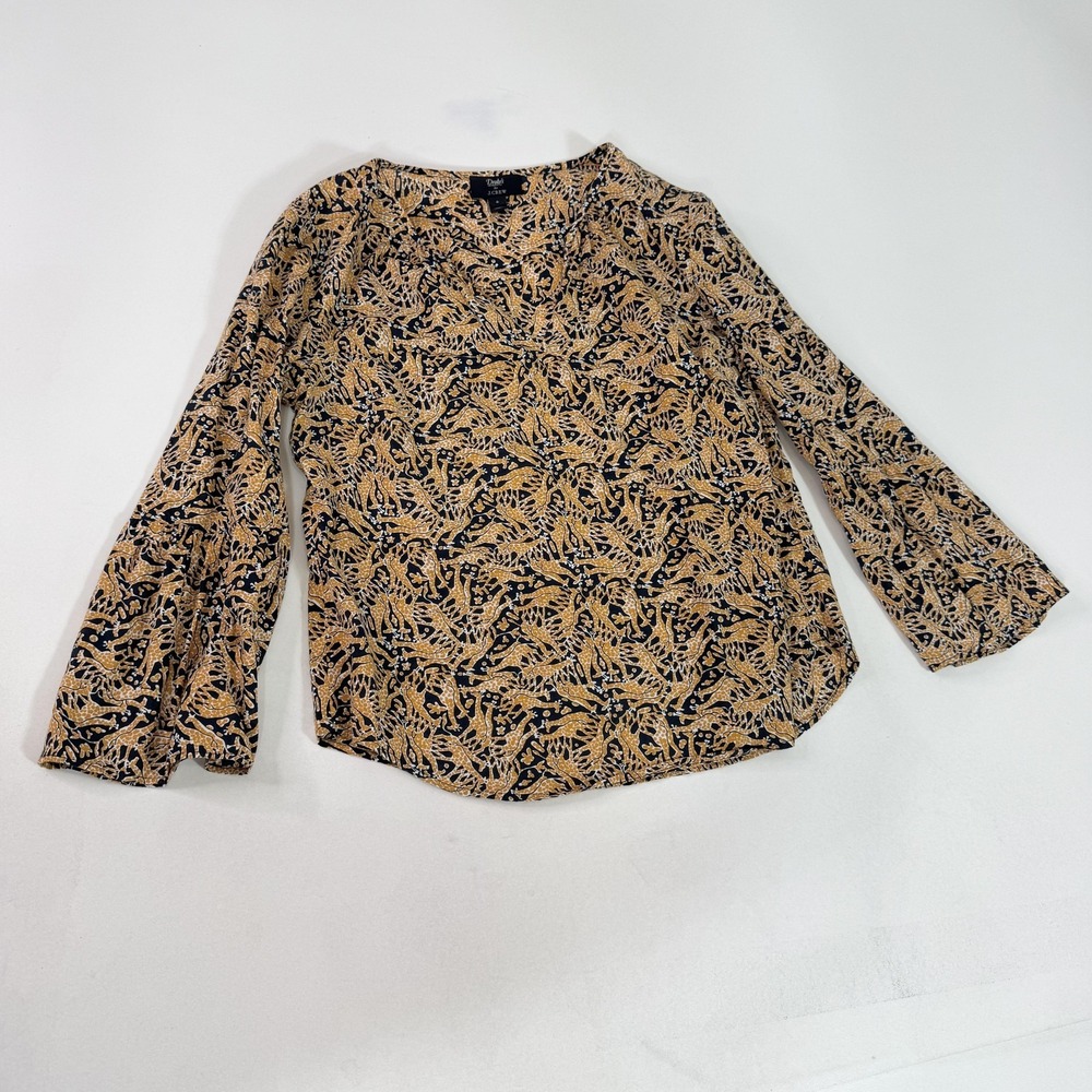 Drake's for J.Crew Shirt Womens 6 Navy Giraffe Print Cotton Bell Sleeve Top